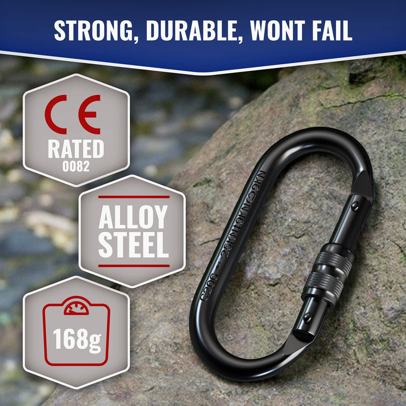XTEK Climbing Carabiner Clip – UIAA Certified 25 kN 5620 LB, Large Heavy Duty Carabiners for Climbing: Oval-Shape, Screw Locking Steel Caribeener Clips, Hammocks, Hiking, Camping – Durable & Tested 1pc - BeesActive Australia