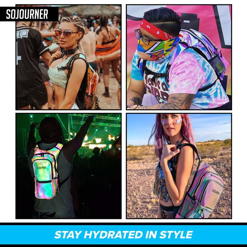 Sojourner Hydration Pack, Hydration Backpack - Water Backpack with 2l Hydration Bladder, Festival Essential - Rave Hydration Pack Hydropack Hydro for Hiking, Running, Biking, Festival Gear Holographic - Blue - BeesActive Australia