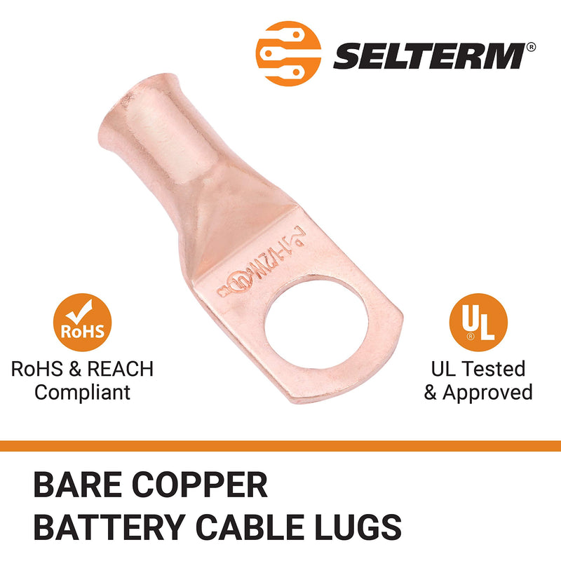 SELTERM 1 AWG 1/2" Stud (2 pcs.) UL Heavy Duty Battery Ring Terminal 1 Gauge Connector, Tubular Electrical Wire End Cable Lugs, Bare Copper Eyelets [B61], MD0112UW / MDS0112UW 1 Awg - 1/2" (M12) Ring Pack of 2 pcs. - BeesActive Australia