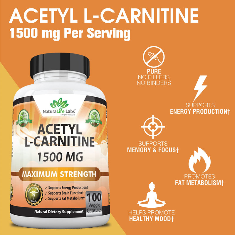 Acetyl L-Carnitine 1,500 mg High Potency Supports Natural Energy Production, Sports Nutrition, Supports Memory/Focus - 100 Veggie Capsules - BeesActive Australia