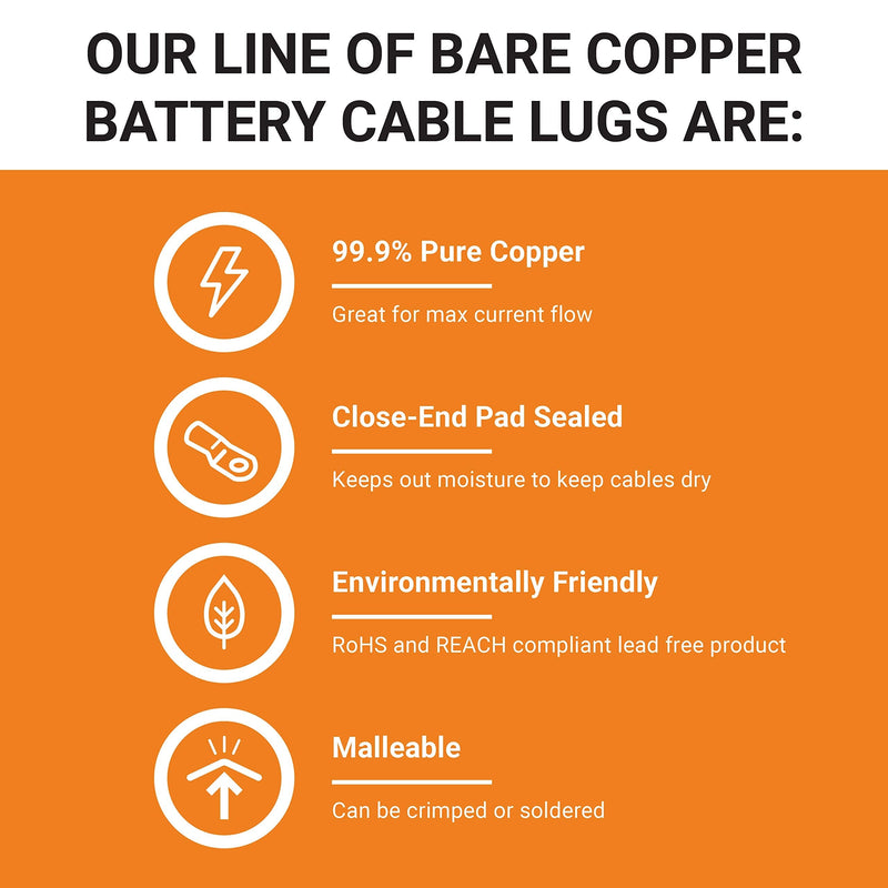 SELTERM 1 AWG 1/2" Stud (2 pcs.) UL Heavy Duty Battery Ring Terminal 1 Gauge Connector, Tubular Electrical Wire End Cable Lugs, Bare Copper Eyelets [B61], MD0112UW / MDS0112UW 1 Awg - 1/2" (M12) Ring Pack of 2 pcs. - BeesActive Australia