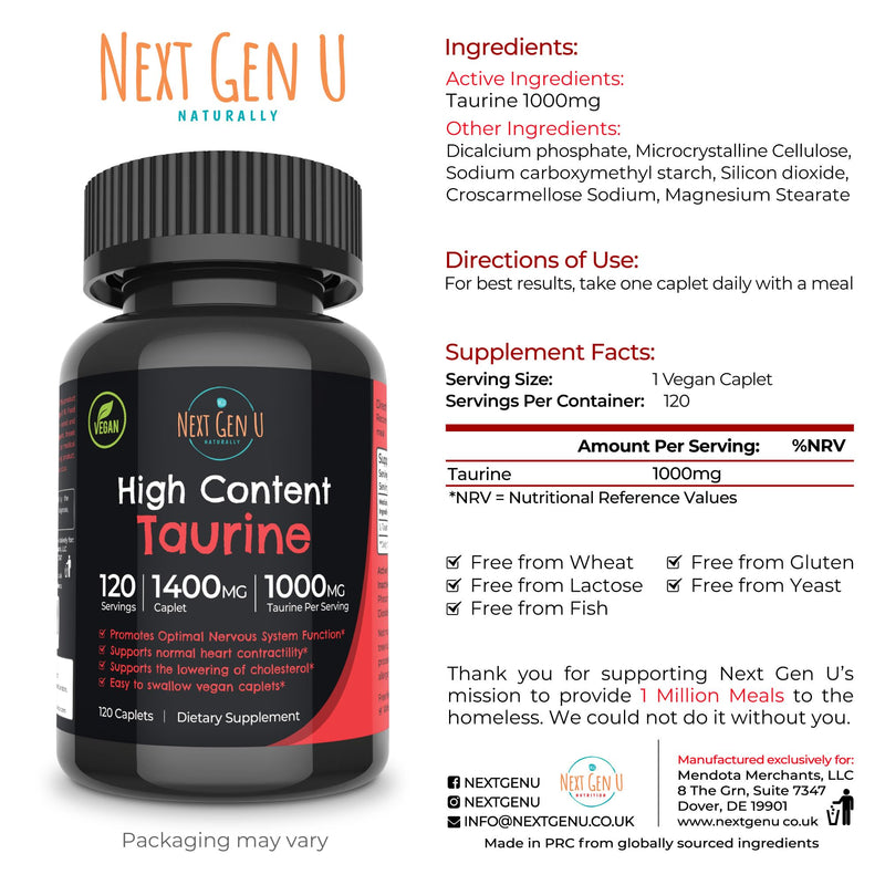 Taurine 1000 mg Food Supplement 120 Vegan Caplets, Dietary Health Supplement Helps Promote Immune & Central Nervous System Functions by Next Gen U - BeesActive Australia