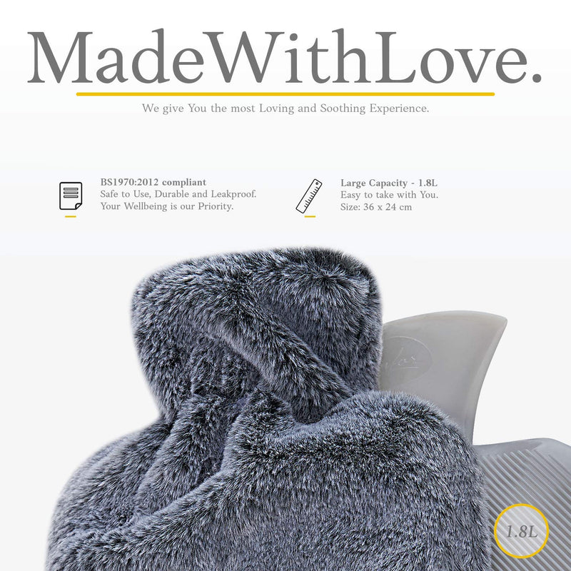 Qomfor Hot Water Bottle with Fluffy Cover - Soft Premium Faux Fur Cover - 1.8l Large Capacity - Hot Water Bag for Cosy Nights, Pain Relief, Back, Neck and Shoulders - Great Gift for Women (Dark Grey) Dark Grey - BeesActive Australia