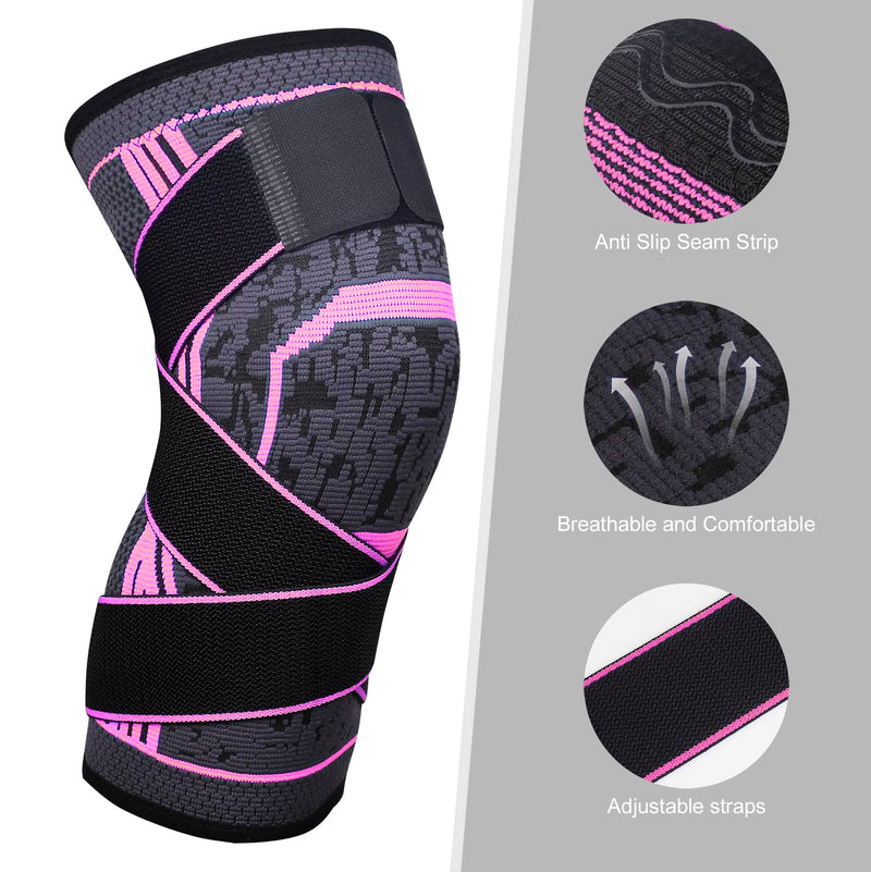 Compression Arthritis Knee Brace Support with Straps, Knee Sleeve Recovery from Meniscus Tear, ACL,MCL,Joint Pain Relief, Improve Performance for Running, Workout,Basketball. 1 Pack for Men and Women (Pink, XX-Large) Pink - BeesActive Australia