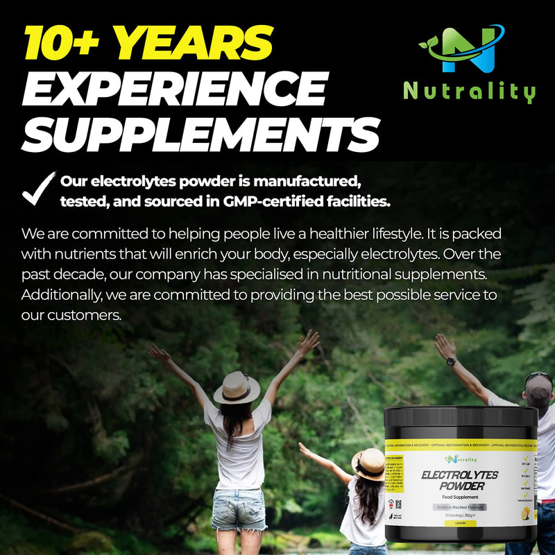Nutrality Electrolytes Food Supplement Powder 350g – Refreshing Lemon Flavour. 50 Servings, No Sugar, Magnesium Keto Electrolyte Hydration Powder, Recovery, No Calcium, Paleo Hydration, Vegan Friendly - BeesActive Australia