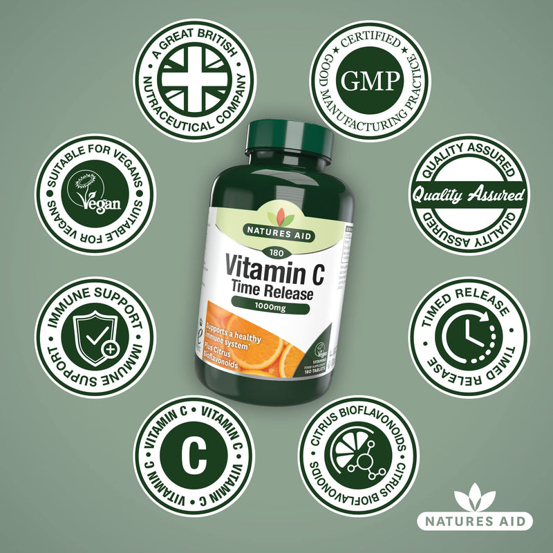 Natures Aid Vitamin C Time Release 1000 mg, Immune Support, 180 Tablets Vitamin C Time Release 1000 mg, 180 Tablets - BeesActive Australia