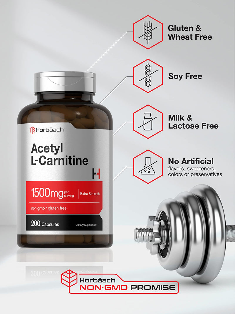 Acetyl L-Carnitine 1500mg | 200 Capsules | Extra Strength ALCAR Supplement | Non-GMO, Gluten Free | by Horbaach - BeesActive Australia