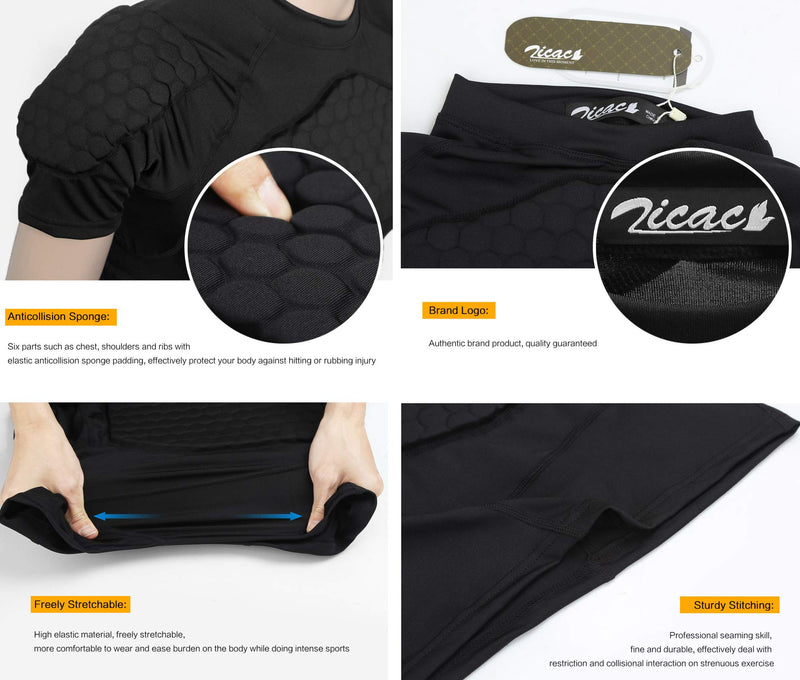 [AUSTRALIA] - Zicac Men's Sports Shock Rash Guard Compression Padded Shirt Soccer Basketball Protective Gear Chest Rib Guards Black US:S(Asia Tag M) 