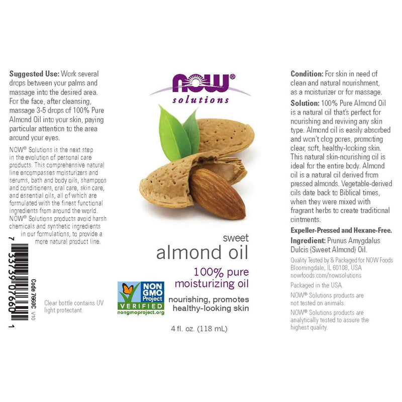 NOW Solutions, Sweet Almond Oil, 100% Pure Moisturizing Oil, Promotes Healthy-Looking Skin, Unscented Oil, 4-Ounce - BeesActive Australia