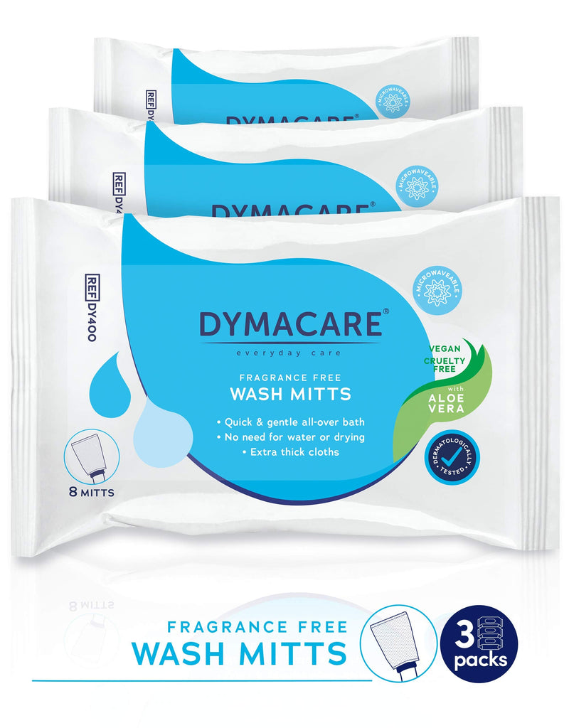 DYMACARE Fragrance-Free Wash Mitts | Rinse Free Microwaveable Adult Bed Bath Wet Wash Gloves | with Aloe Vera | Latex, Lanolin and Alcohol Free (3 Packs (24 Mitts in Total)) 3 Packs (24 mitts in total) - BeesActive Australia
