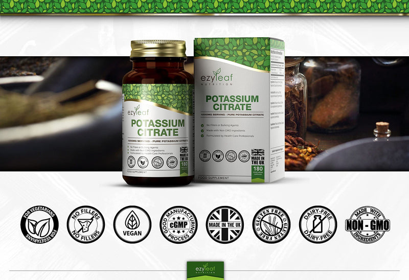 Ezyleaf Potassium Citrate | 180 High Strength Potassium Capsules - 1000mg Potassium Citrate per Serving | Potassium Supplements | Clean, No Fillers Formula | Vegan, Non-GMO Gluten & Allergen Free | UK - BeesActive Australia