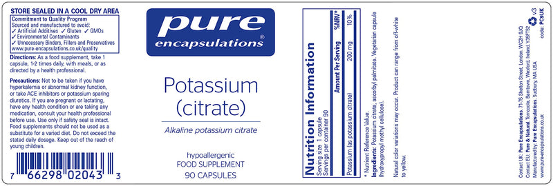Pure Encapsulations - Potassium (Citrate) - Essential Mineral for Vascular Function and Overall Health - 90 Capsules - BeesActive Australia