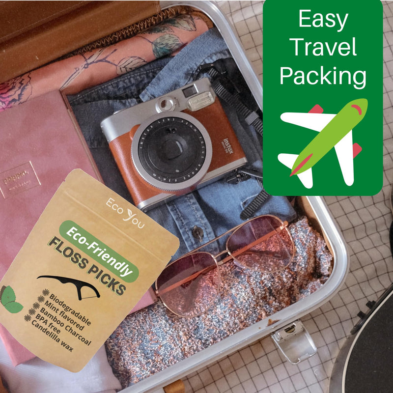 EcoYou Natural Bamboo Charcoal Dental Floss Picks | 200 Count (Pack of 4) | Candelilla Wax & Mint Flavored | Eco Friendly, Biodegradable, Plastic Free, Vegan, BPA Free - BeesActive Australia