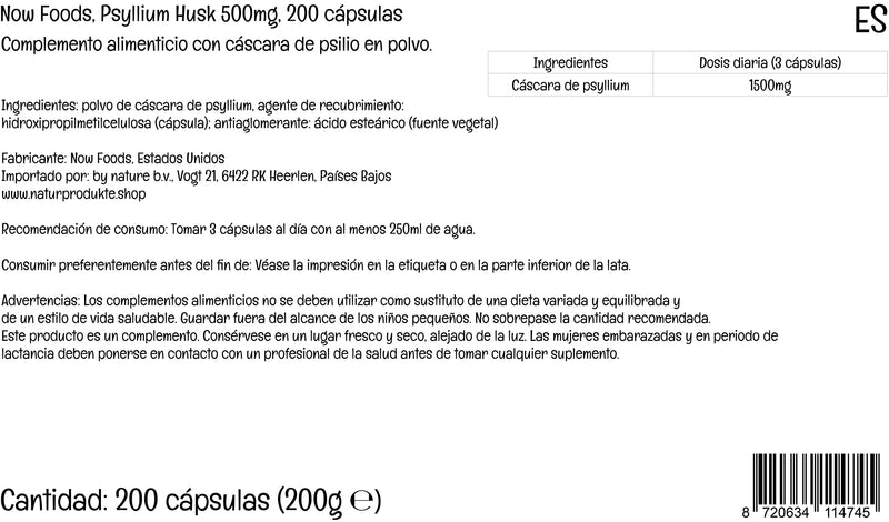 Now Foods, Psyllium Husks, 500mg, 200 Vegan Capsules, Lab-Tested, SOYA Free, Gluten Free, Vegetarian, Non-GMO - BeesActive Australia