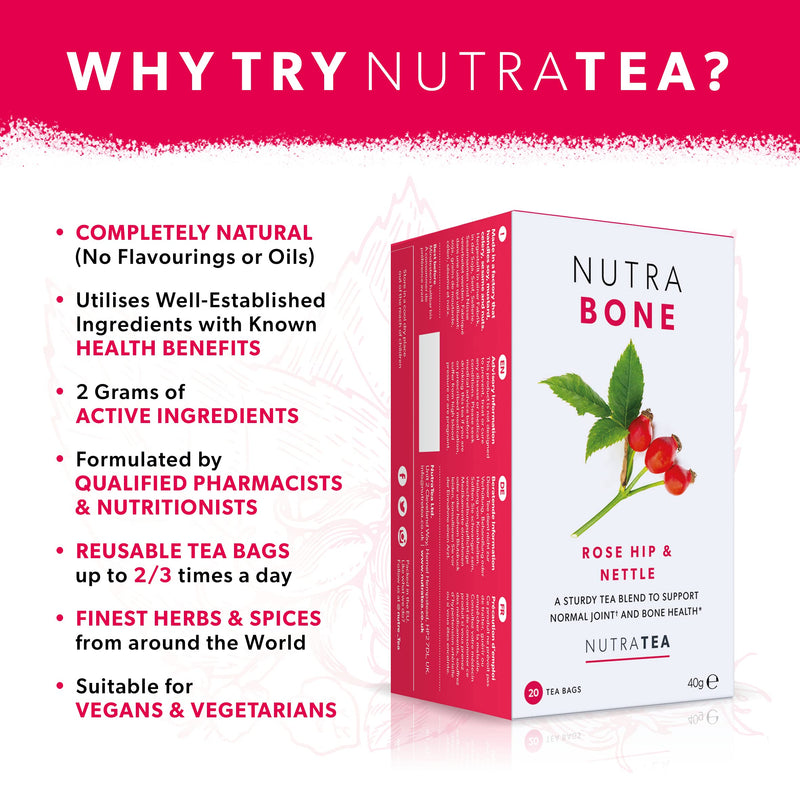 NUTRABONE - Bone Health Tea | Bone Strength Tea - Maintains Bone Density & Joint Care - Includes Ginkgo Biloba, Rosehip & Devil's Claw - 60 Enveloped Tea Bags - by Nutra Tea - Herbal Tea - (3 Pack) 20 Count (Pack of 3) - BeesActive Australia