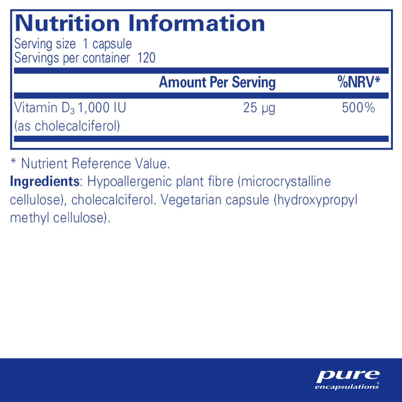 Pure Encapsulations - Vitamin D3 1,000 IU - Hypoallergenic Pure Vitamin D Supplement - Immune System, Bone and Muscle Function Support - 120 Capsules - BeesActive Australia