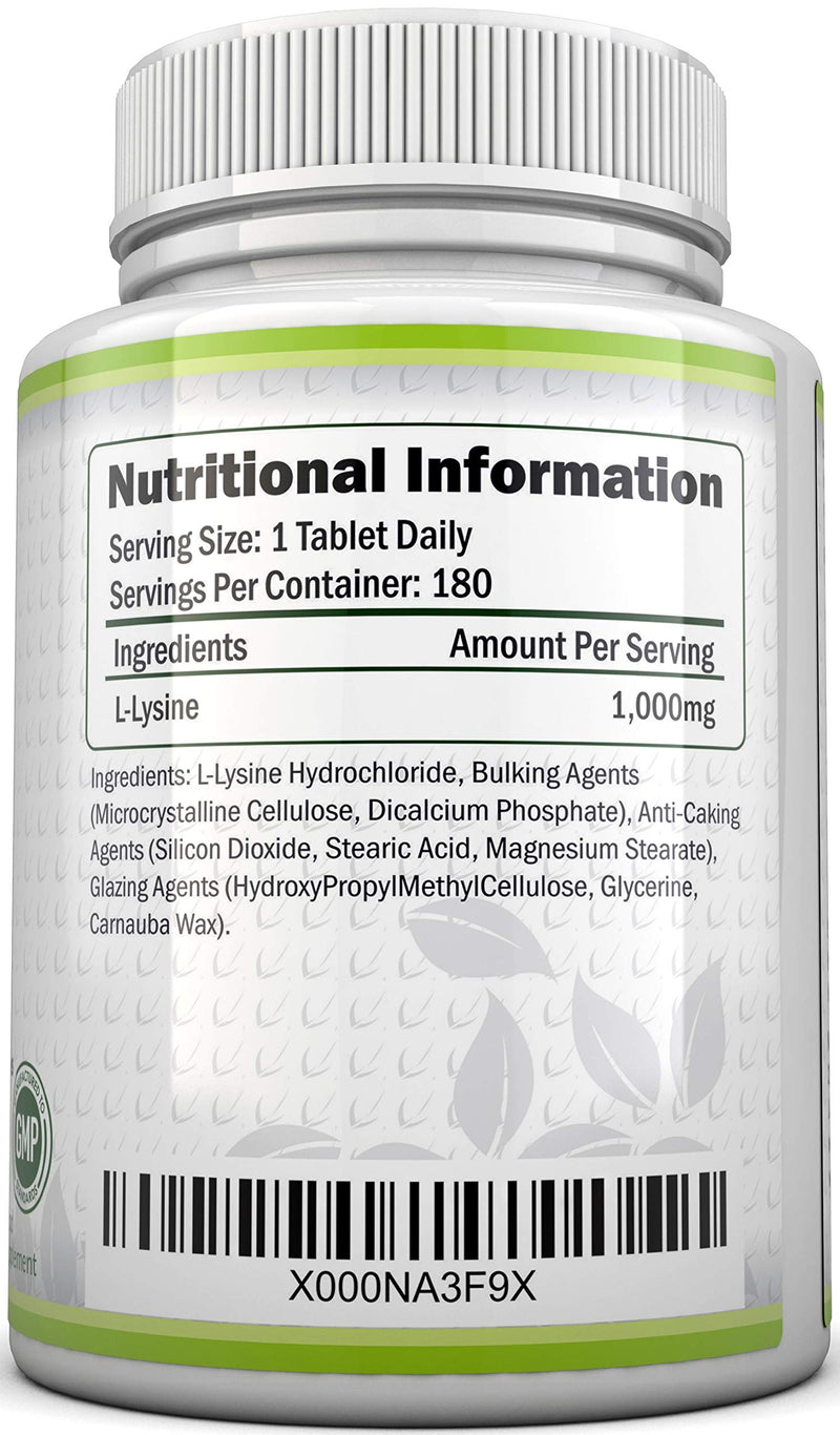 L-Lysine 1000mg | 180 Tablets (6 Month Supply) | Vegetarian and Vegan L lysine 1000mg by Nu U Nutrition - BeesActive Australia