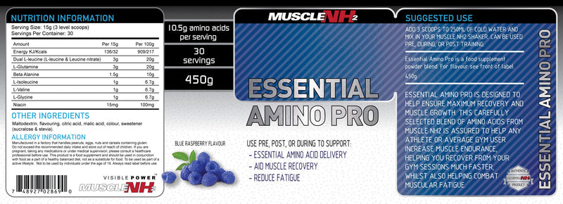 MuscleNh2 Essential Amino Pro Branch Chain Amino Acid Powder BCAA, EAA, Helps Build Lean Muscle and Speed Up Recovery, Blue Raspberry Flavour, 450g, 30 Servings (Pack of 1) - BeesActive Australia