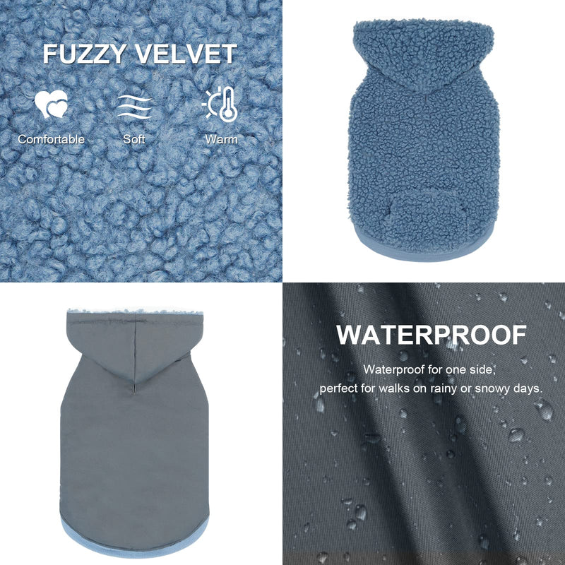 cyeollo Dog Hoodie Sherpa Vest for Dogs Reversible Waterproof Windproof Cozy Winter Clothes Cold Weather Coats Fuzzy Sweatshirt with Pocket Solid Color Pets Apparel Warm Coats for Small Medium Dogs Blue - BeesActive Australia