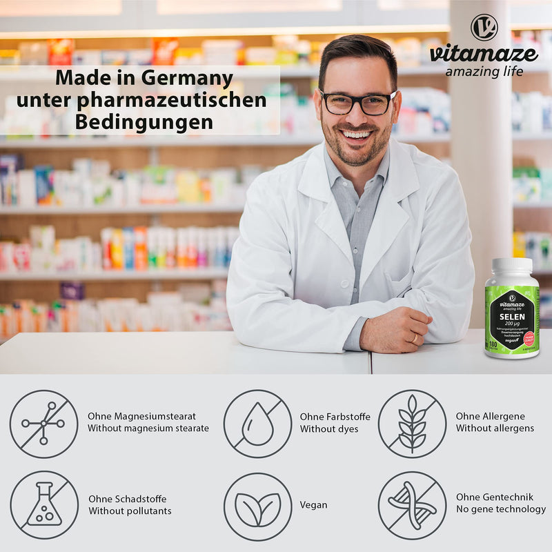 Vitamaze® Selenium 200 mcg, High Strength Mineral, 180 Vegan Tablets for 6 Months, Natural & Organic Supplement Without Additives, German Quality - BeesActive Australia