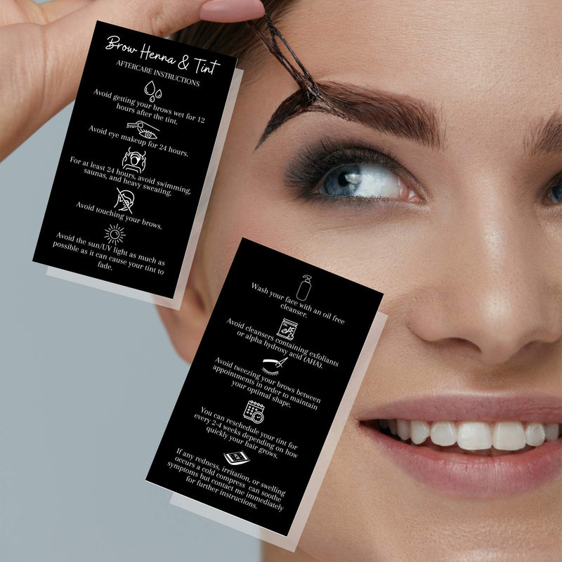 Brow Henna and Tint Aftercare Instruction Cards | 50 Pack | Physical Printed 2 x 3.5” inches Business Card Size | Starter Lift Kit with Tint at home diy supplies | Black with White Icon Design - BeesActive Australia