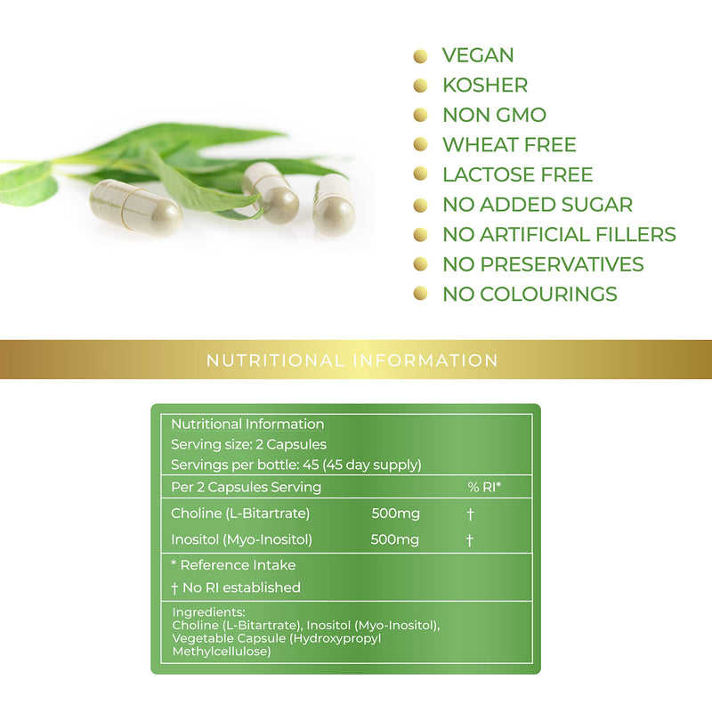 Lily Green | Choline 500mg & Inositol 500mg per Serving | 90 Vegan Capsules | Supports Normal Liver Function & Metabolism | Non-GMO | No Artificial Fillers or Excipients | Made in UK - BeesActive Australia