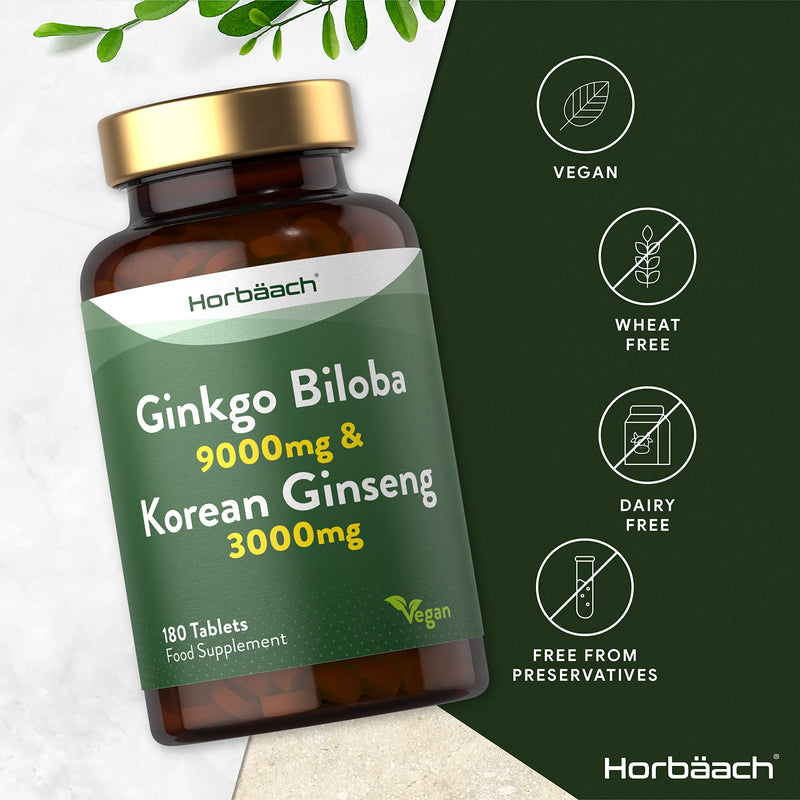 Ginkgo Biloba and Ginseng Tablets | High Strength | Ginkgo 9000mg & Korean Ginseng Root 3000mg | 180 Vegan Tablets | by Horbaach - BeesActive Australia