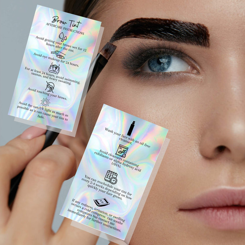 Brow Tint Aftercare Instruction Cards | 50 Pack | 2x3.5” inches Business Card Size | Brow Tint Henna |Snatched Brows Non Reflective Matte Holographic Look Design (Holographic) - BeesActive Australia