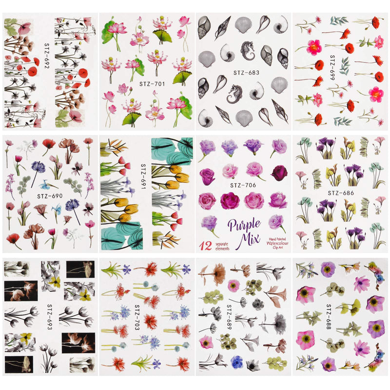 24 Pcs Flower Nail Stickers Water Transfer Nail Art Decals, TOROKOM Fresh Nail Stickers Decals Leaf Flowers Plants Nail Art Stickers for DIY Manicure Tips Fingernails & Toenails Decor - BeesActive Australia