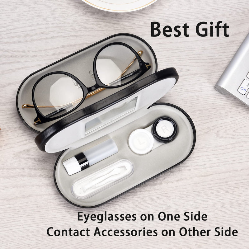 Muf 2 in 1 Double Sided Portable Contact Lens Case and Glasses Case,Dual Use Design with Built-in Mirror, Tweezer and Contact Lens Solution Bottle Included for Travel Kit(Black) Black - BeesActive Australia
