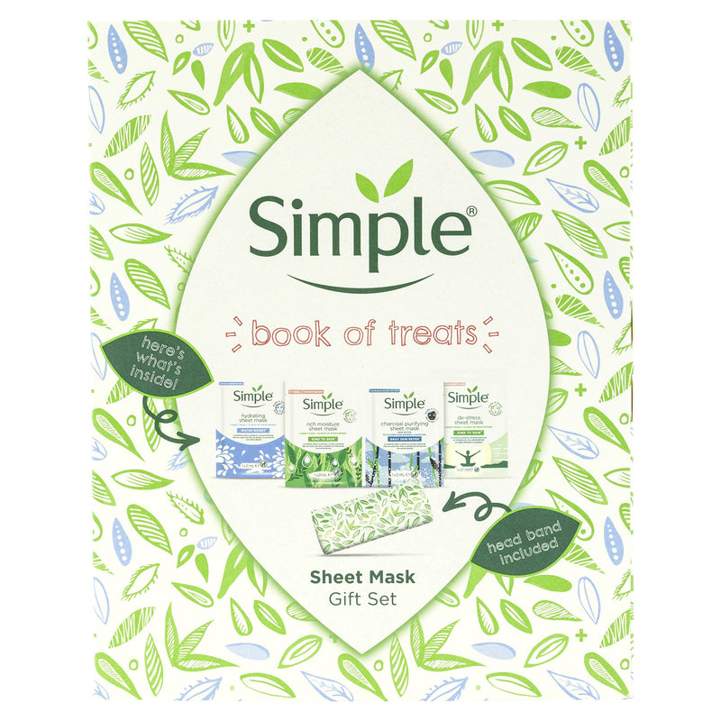 Simple Book of Treats Four Sheet Masks for every skin condition with a stretch head band Gift Set Festive gifts for Women 4 piece 21 ml (Pack of 4) - BeesActive Australia
