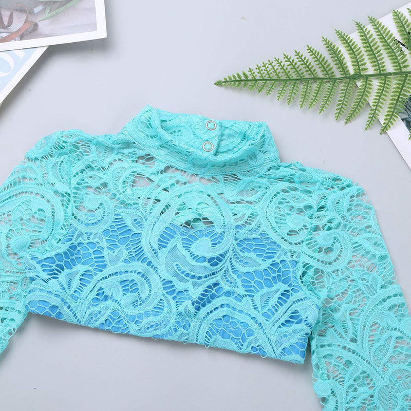 [AUSTRALIA] - ranrann Kids Girls Long Sleeves Lace Ballet Dance Outfit Criss Cross Back Mock Neck Tops with Bottoms Set Mint_green&light_blu 7-8 