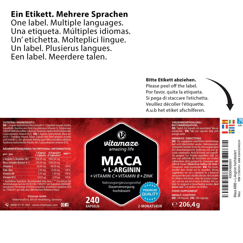 Maca Root Capsules with L-Arginine 5800mg + Vitamins B6, B12 + Zinc - Invigorating Anti-Stress Energy - High Strength 240 Capsules for 2 Months - Organic Supplement, German Quality- Vitamaze Maca Root 4000 mg - BeesActive Australia