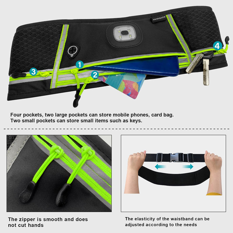 KOCVUIAN Black Fanny Pack for Women Fashionable 4-Zipper Pockets With Warning Light, for Running Hiking Travel Workout Dog Walking Outdoors Sport Fishing Waist Pack Bag Green - BeesActive Australia