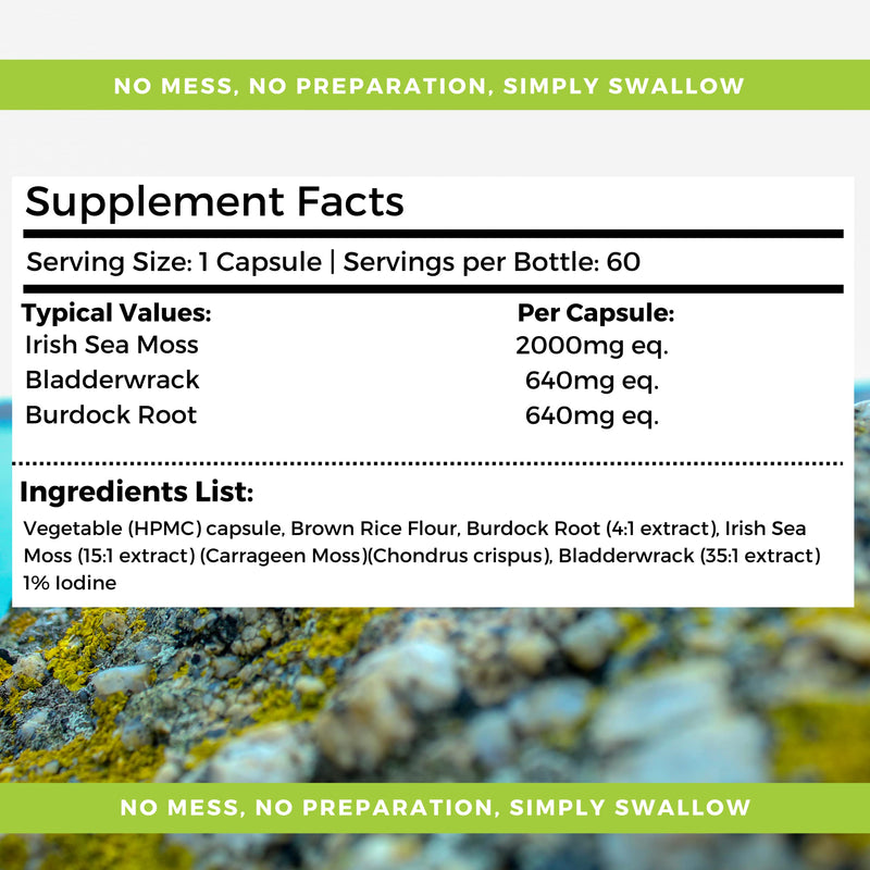 Irish Sea Moss Capsules, Bladderwrack and Burdock Root - 2000mg per Serving - One a Day High Strength - Wild Harvested - Natural Source of Iodine - Chondrus Crispus - 60 Vegan Capsules - nutripact - BeesActive Australia