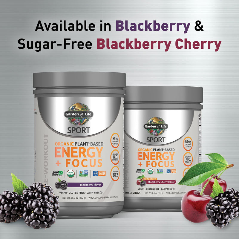 Garden of Life Sport Organic Plant-Based Energy + Focus Vegan Clean Pre Workout Powder, Sugar & Gluten Free BlackBerry Cherry with 85mg Caffeine, Natural NO Booster, B12, 40 Servings, 8.14 Oz Blackberry Cherry (Sugar-Free) 40 Servings (Pack of 1) - BeesActive Australia