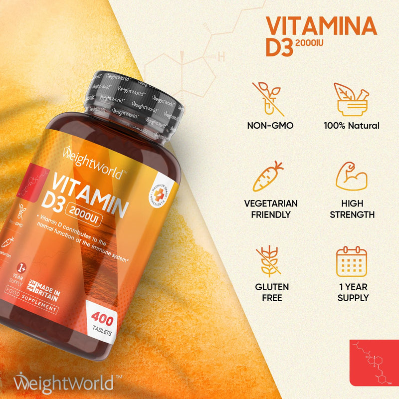 Vitamin D3 2000 IU - 400 Tablets (Over A Year Supply) Natural Vitamin D Tablets, Vitamin D Contributes to Normal Immune System & Blood Calcium Levels (EFSA), Vegetarian - Easy to Take Micro Tablets - BeesActive Australia