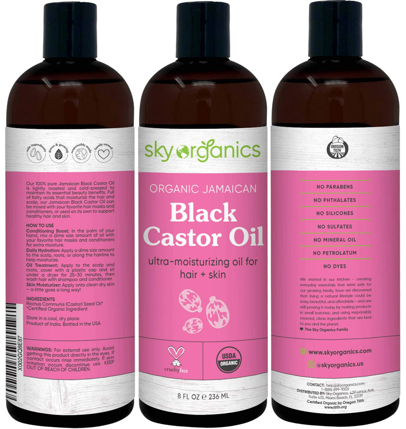 Organic Jamaican Black Castor Oil by Sky Organics (8 oz) USDA Organic 100% Pure Roasted Castor Oil Moisturizing Oil for Hair and Skin Oil Treatment Castor Oil Hair Mask Natural Skin Moisturizer 7.98 Fl Oz (Pack of 1) - BeesActive Australia
