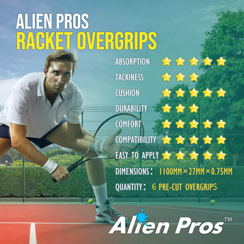 ALIEN PROS Tennis Racket Grip Tape - Precut and Dry Feel Tennis Grip - Tennis Overgrip Grip Tape Tennis Racket - Wrap Your Racquet for High Performance 6-Pack Black - BeesActive Australia