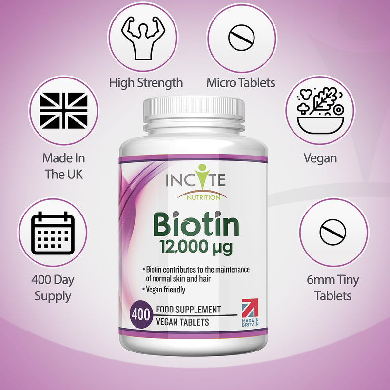 Biotin Hair Growth Supplement 12,000mcg - 400 Tiny 6mm Tablets (Full Year Plus Supply) - Biotin Hair Growth Tablets for Men & Women Biotin Tablets Hair Supplements Hair Support Made in The UK Biotin 12,000mcg - BeesActive Australia