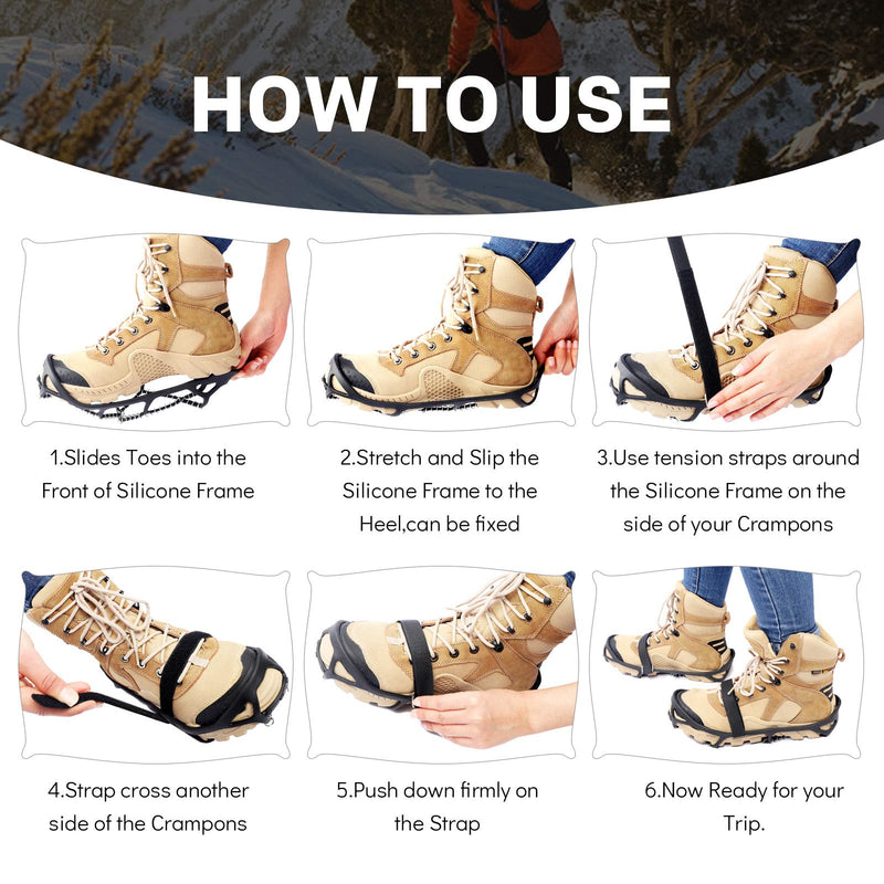 BOGI Crampons Ice Cleats Traction Snow Grips for Walking on Snow and Ice Anti-Slip with 2 Safety Velcro Straps & Storage Bag,Perfect for Walking Climbing Hiking Fishing Outdoors Black Medium - BeesActive Australia
