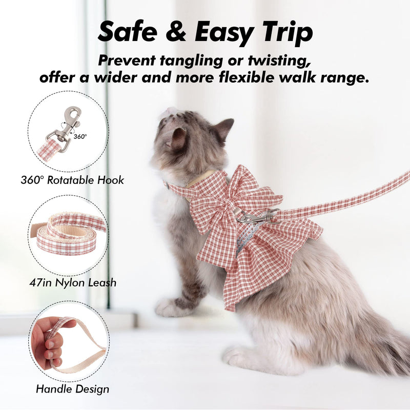 Kaqipeet Cat Harness and Leash Set for Walking Escape Proof, Kitten Harness with Bowtie Plaid JK Skirt for Cats, Lifetime Replacement Small Pink Plaid - BeesActive Australia