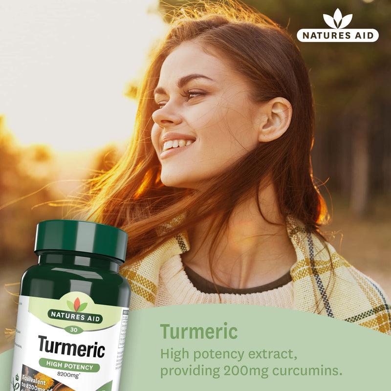 Natures Aid Turmeric 8200 mg, High Potency Extract plus Whole Herb, 200 mg Curcumins, Vegan, 30 Capsules 30 Count (Pack of 1) - BeesActive Australia