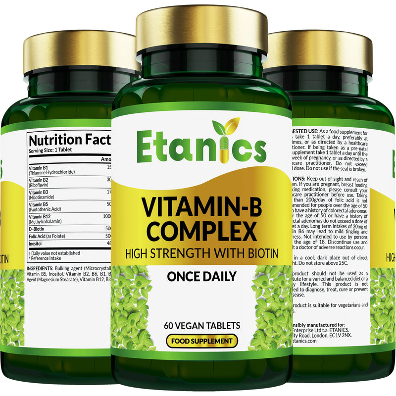 Etanics Vitamin B Complex 60 Tablets � All 8 B Vitamins B1, B2, B3, B5, B6, B12, Biotin & Folic Acid � Vegetarian & Vegan Made in the UK � Supports High Strength Mental Performance and Reduces Fatigue - BeesActive Australia