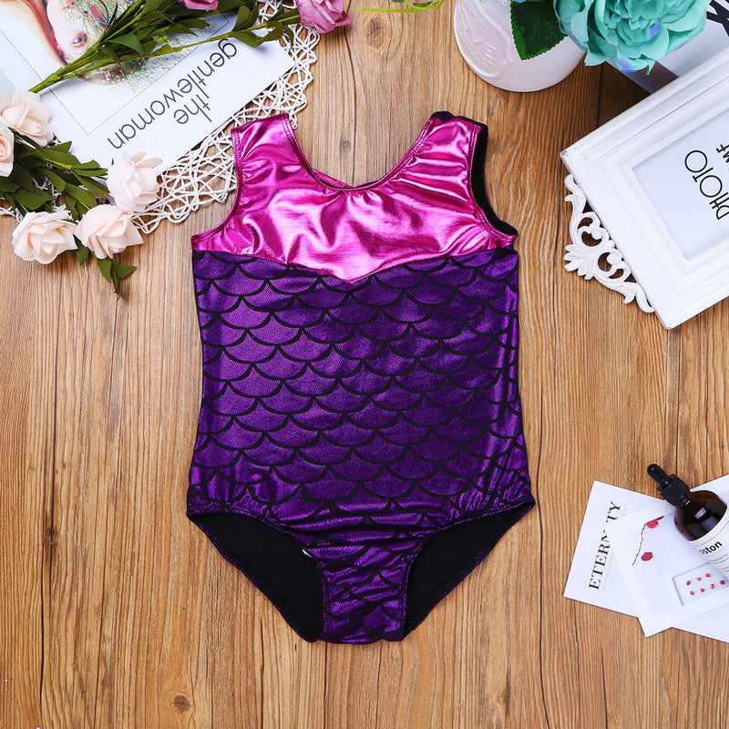 [AUSTRALIA] - TiaoBug Girls Metallic Leotard Sparkle Shiny Fish Scale Print Gymnastics Dance Clothes Athletic Bodysuit Outfit Purple 5-6 