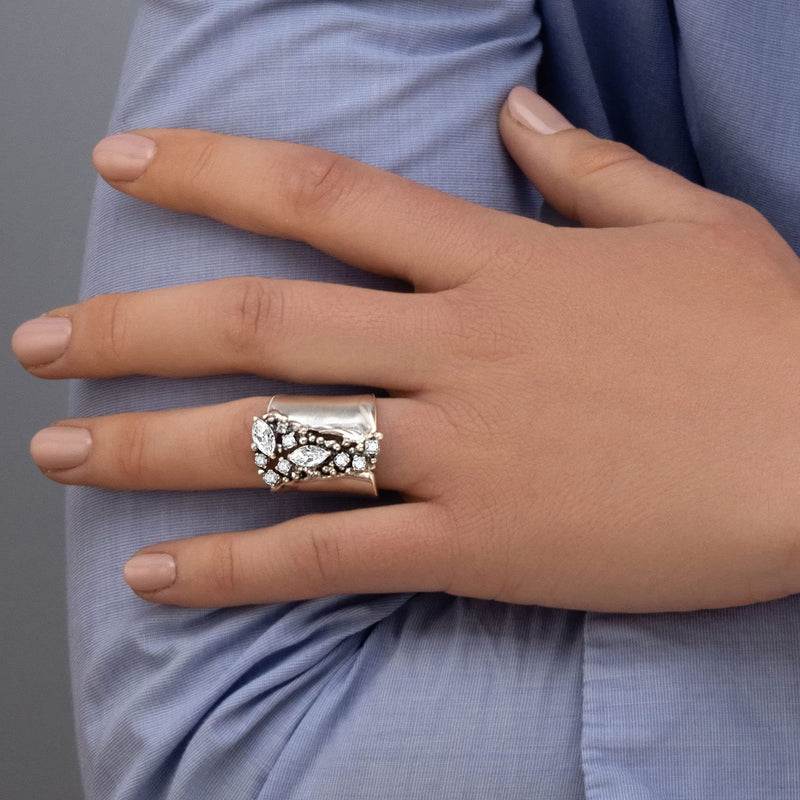 925 Sterling Silver Shield Ring With A White Round and Marquise Cubic Zirconia CZ , Floral Vintage Antique Look, Hypoallergenic, Nickel and Lead-free, Artisan Handcrafted Designer collection, Made In Israel 6 - BeesActive Australia