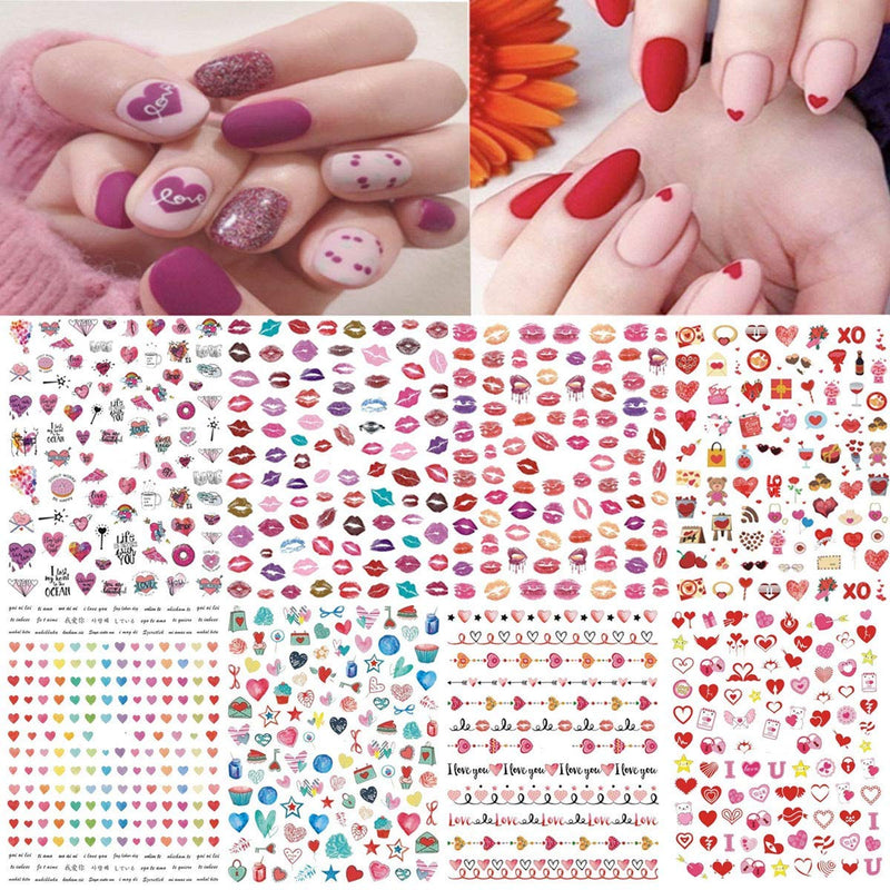 Valentines Day Nail Art Stickers 3D Self-Adhesive Heart Nail Decals Nail Art Supplies 8PCS Kiss Red Heart Lips Nail Stickers for Women Nail Decorations Designs Nail Decor Accessories - BeesActive Australia