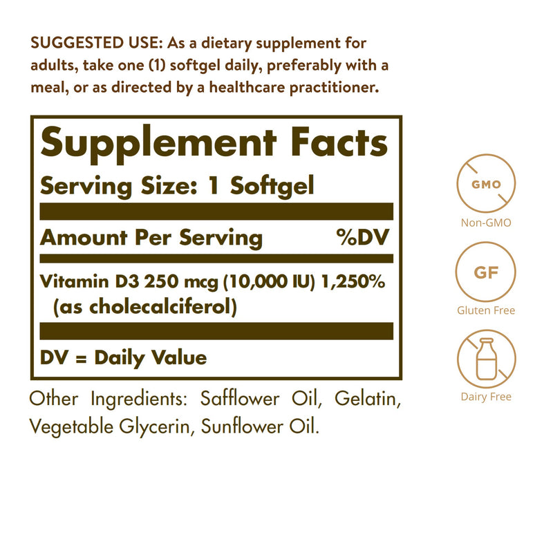 Solgar Vitamin D3 (Cholecalciferol) 250 MCG (10,000 IU), 120 Softgels - Helps Maintain Healthy Bones & Teeth - Immune System Support - Non GMO, Gluten Free, Dairy Free - 120 Servings - BeesActive Australia