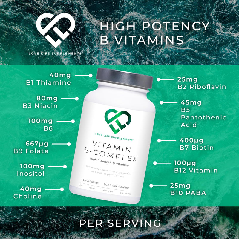 Vitamin B Complex High Strength | 90 Capsules - 90 Day Supply | All 8 B Vitamins B1-B2-B3-B5-B6-B7-B9-B12, Inositol and Choline | Love Life Supplements - BeesActive Australia