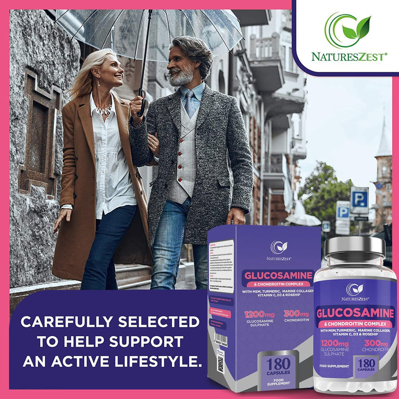 Glucosamine and Chondroitin High Strength Capsules - Glucosamine Complex with MSM � 180 Glucosamine Capsules - with Vitamin C, Rosehip, Turmeric Curcumin & Marine Collagen � UK Made by Natures Zest - BeesActive Australia